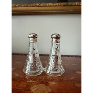 Vintage Silver Overlay Salt & Pepper Shakers, Floral Glass Set